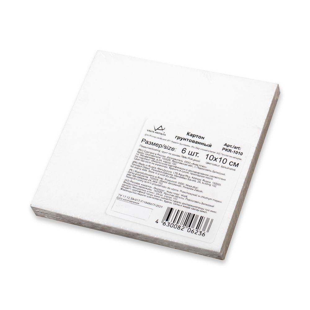 Картон грунтованный 10х10 см, 6 шт, набор, Vista-Artista PKR-1010