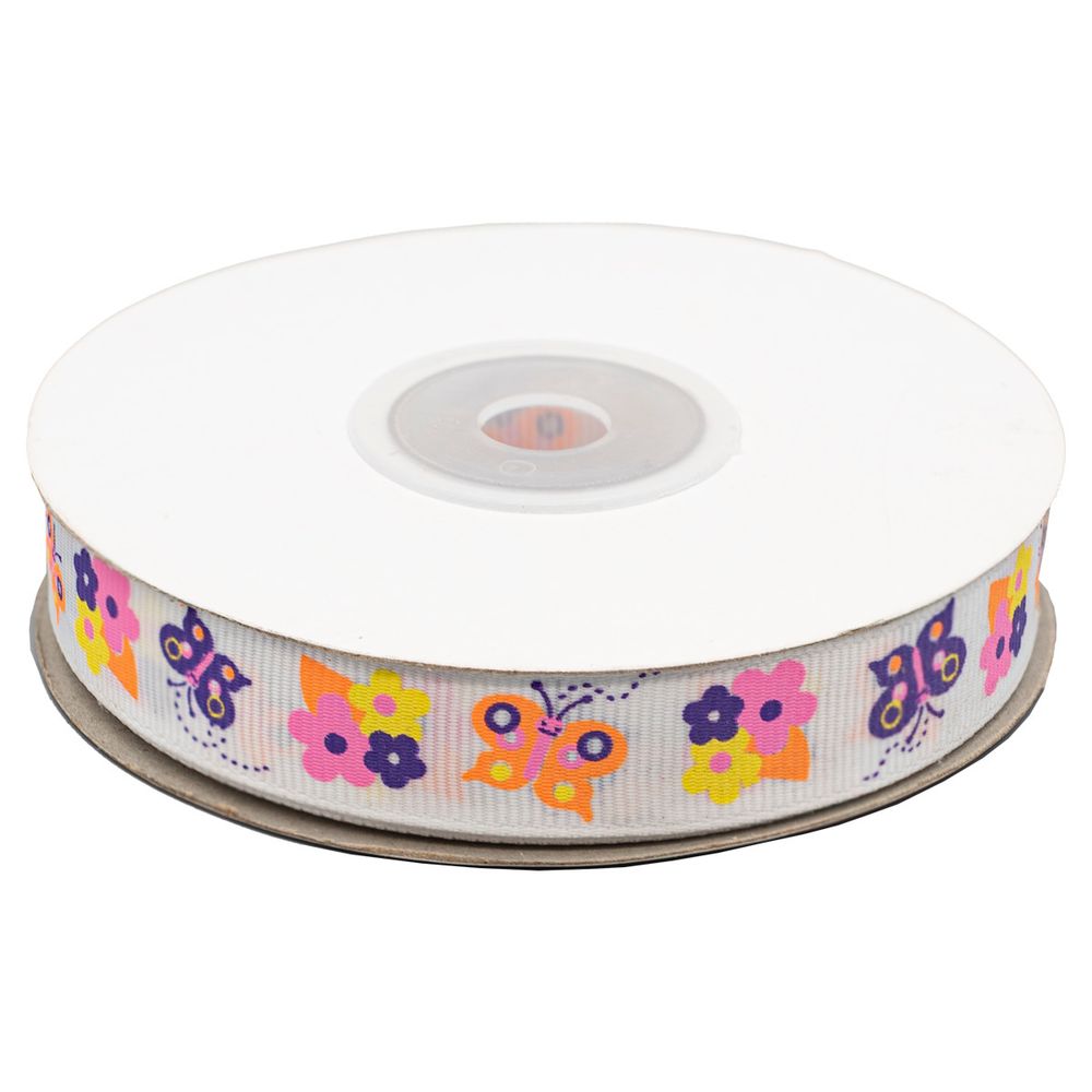 Лента репсовая (в рубчик) Бабочки 2 1,5см*22.86 м (белый)