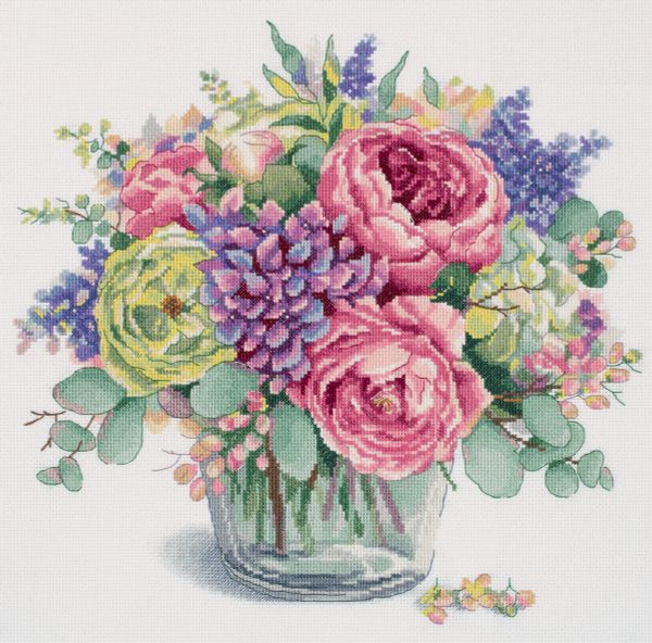 Набор для вышивания нитками Panna, Золотая серия. Букет с пионами, 34.5х32 см