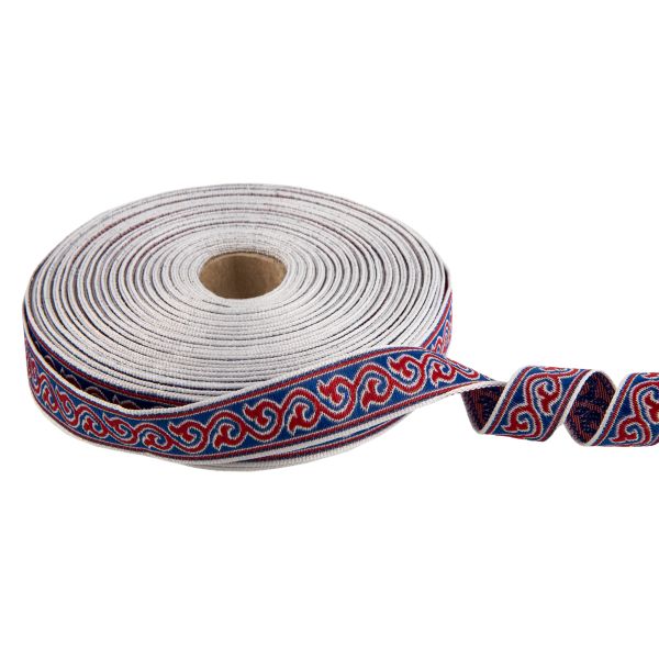 Лента (тесьма) жаккардовая 18.0 мм / 25 метров, Орнамент для северных народов, рис 9594 белый/синий/красный (№4), Gamma С3771