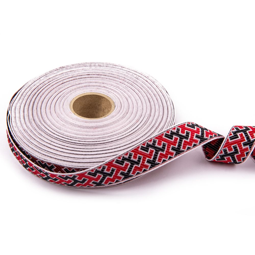 Лента (тесьма) жаккардовая 24.0 мм / 25±1 метров, рис.9615, Орнаменты и узоры народов севера, белый-красный-черный, Gamma С3772Г17 рис.9615