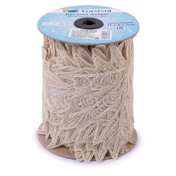 Кружево на сетке широкое 160 мм / 11 м, бежевый, Gamma GFLM-24209