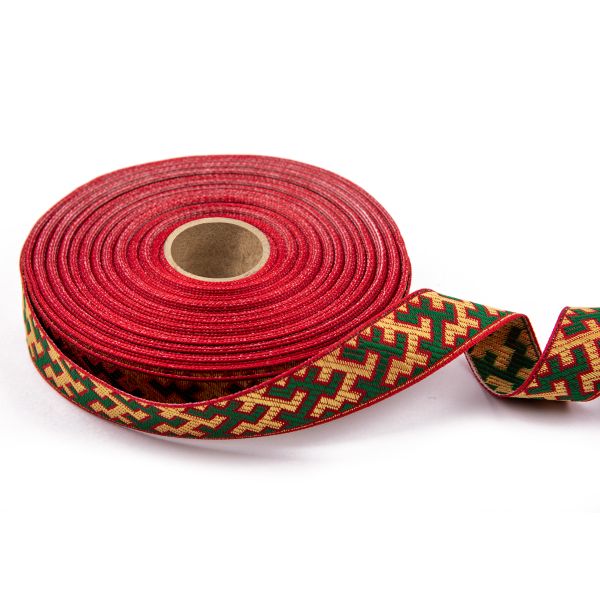 Лента (тесьма) жаккардовая 24.0 мм / 25±1 метров, рис.9615, Орнаменты и узоры народов севера, красный-желтый-зеленый, Gamma С3772Г17 рис.9615