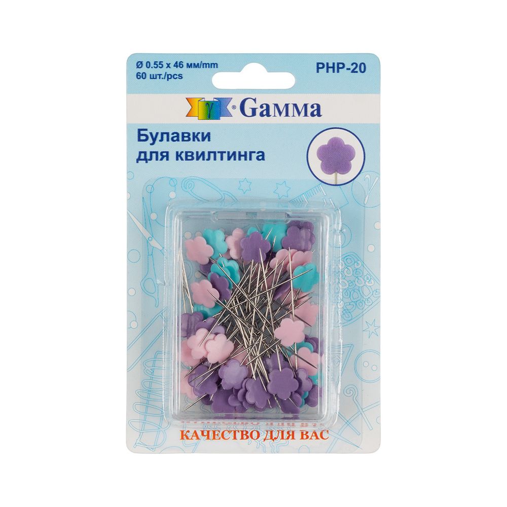 Булавки для квилтинга сталь 46 мм, 60 шт, в пластиковой коробке, Gamma PHP-20