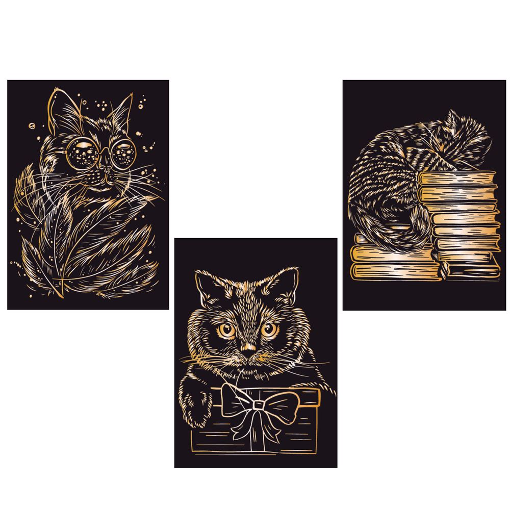 Набор для творчества Гравюра мини Котики (золото), 10х15 см, 1х3 шт, Hobbius GHPM-08