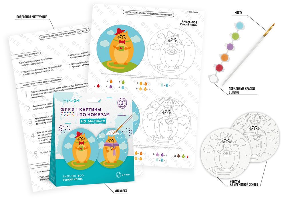 Картина по номерам Фрея PNBM-008, Рыжий котик, (на магните) 9х9 см