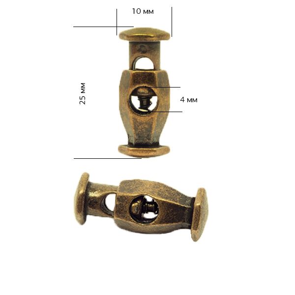 Фиксатор (зажим) для шнура металл бочонок, 1 отв., 25х10 мм, (in ⌀4 мм), цв. антик, уп. 100 шт