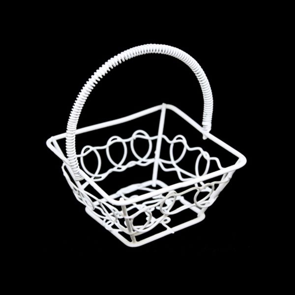 Миниатюра кукольная: Корзинка витая металлическая квадратная, 7х6см, белый