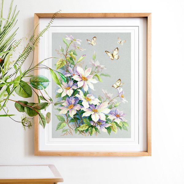 Набор для вышивания нитками Чудесная игла, Клематисы 28х39 см