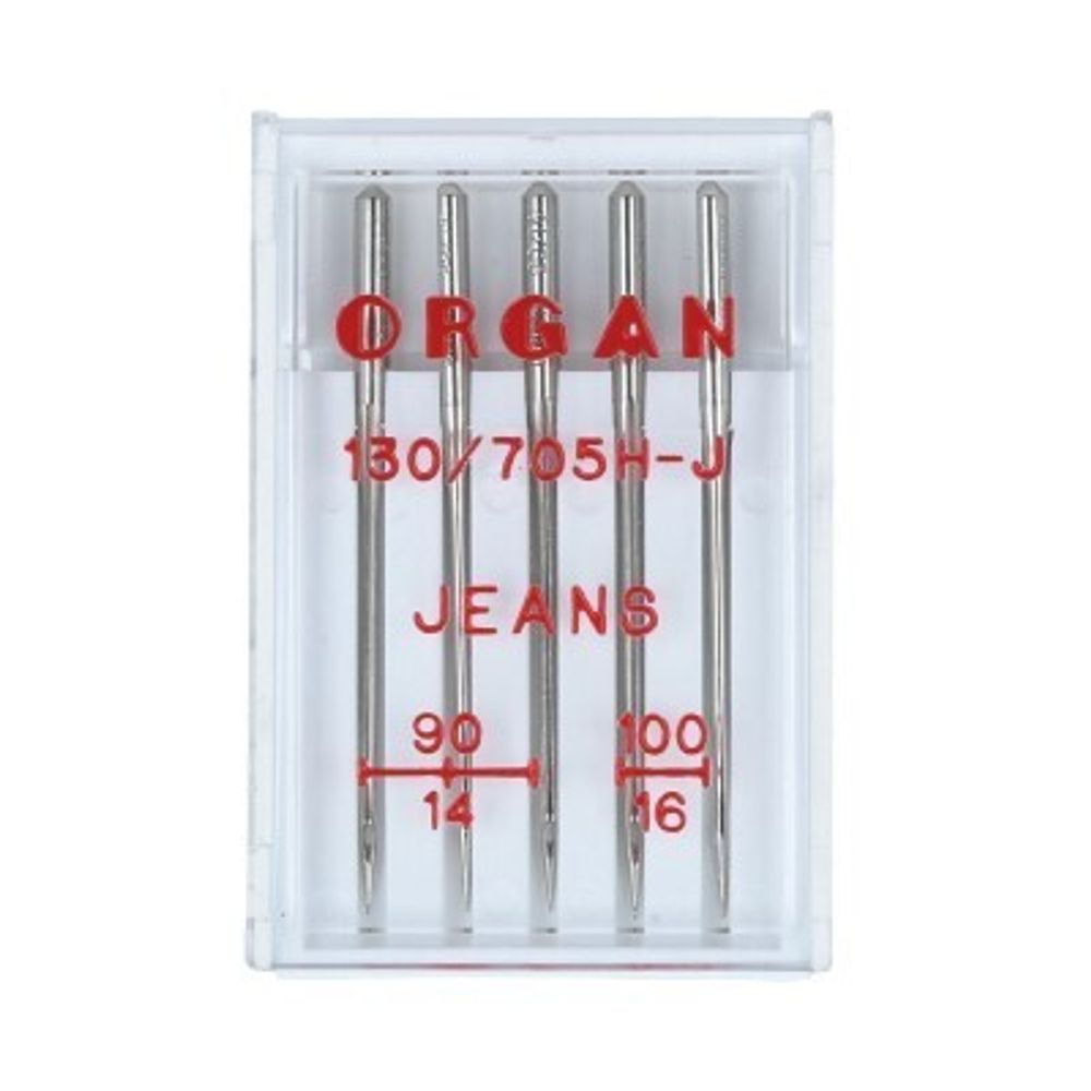 Иглы для швейных машин для джинсы 130/705 Н-J, №90-100, ассорти, 5 игл, в пенале 5524500 90-100, ORGAN