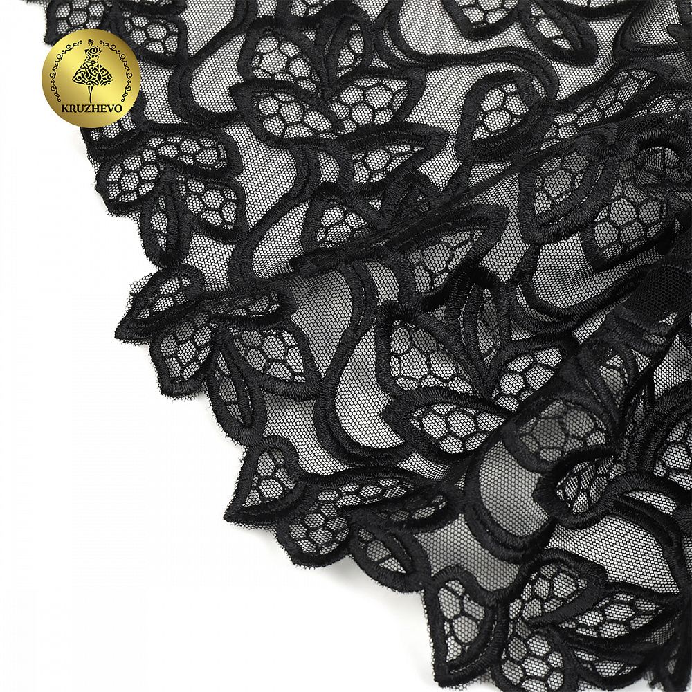 Кружево на сетке (вышитое) арт.T99 180мм цв.черный уп.6м, Kruzhevo