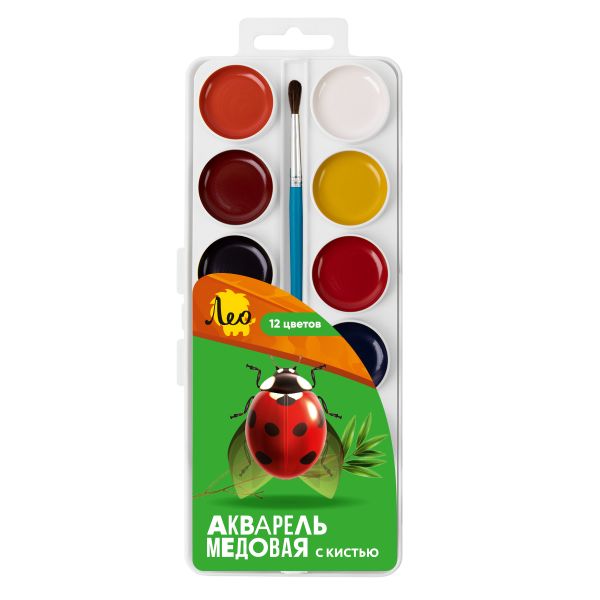 Краска акварель Лео Ярко медовые, с кистью (классическая) LBWB-0112 12 цв