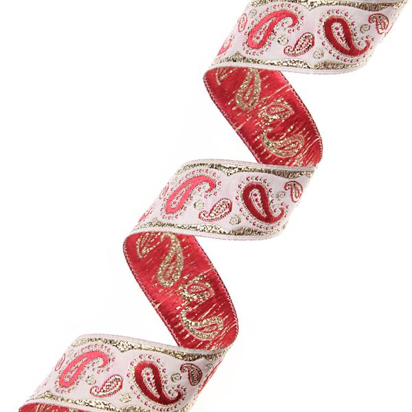 Лента (тесьма) жаккардовая 22.0 мм / 10±0.5 метров, Пейсли, 22807 белый/красный/золото