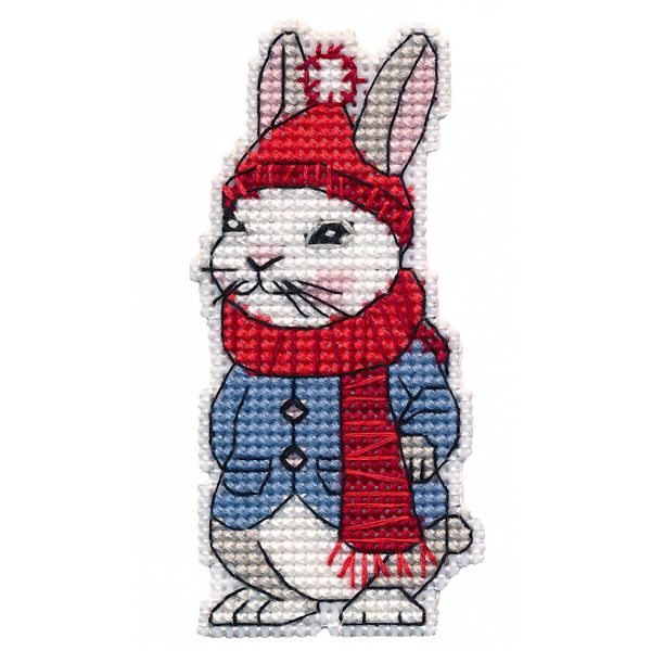 Набор для вышивания нитками Овен, магнит на пластиковой канве Заяц 4.5х9.5 см