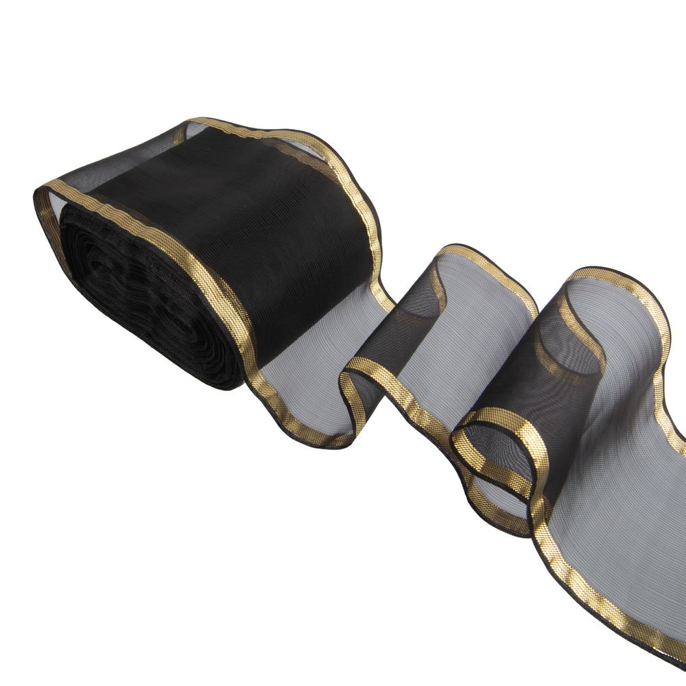 Лента капроновая для бантов 75 мм, / 25 метров, с метал. кромкой, черный/ под золото, Gamma С 3502 с метал. кромкой