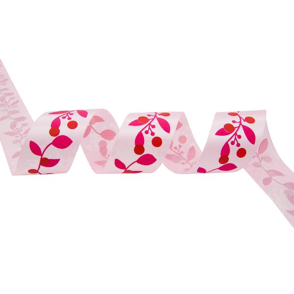 Лента атласная с рисунком 45.0 мм / 22.5±1 метров, Ягодная ветвь, розовый, Globus