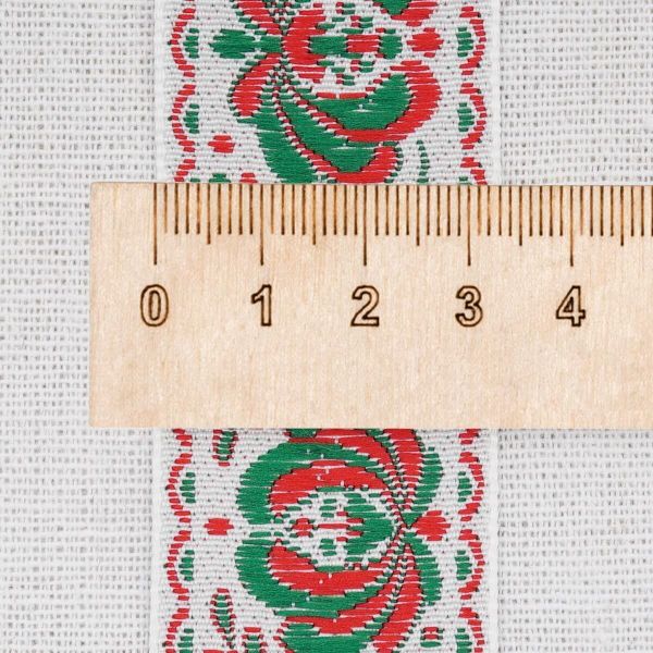Лента (тесьма) жаккардовая 32.0 мм / 25±1 метров, рис. 9581 Гжель, (4 белый/красный/зеленый) С1853Г17