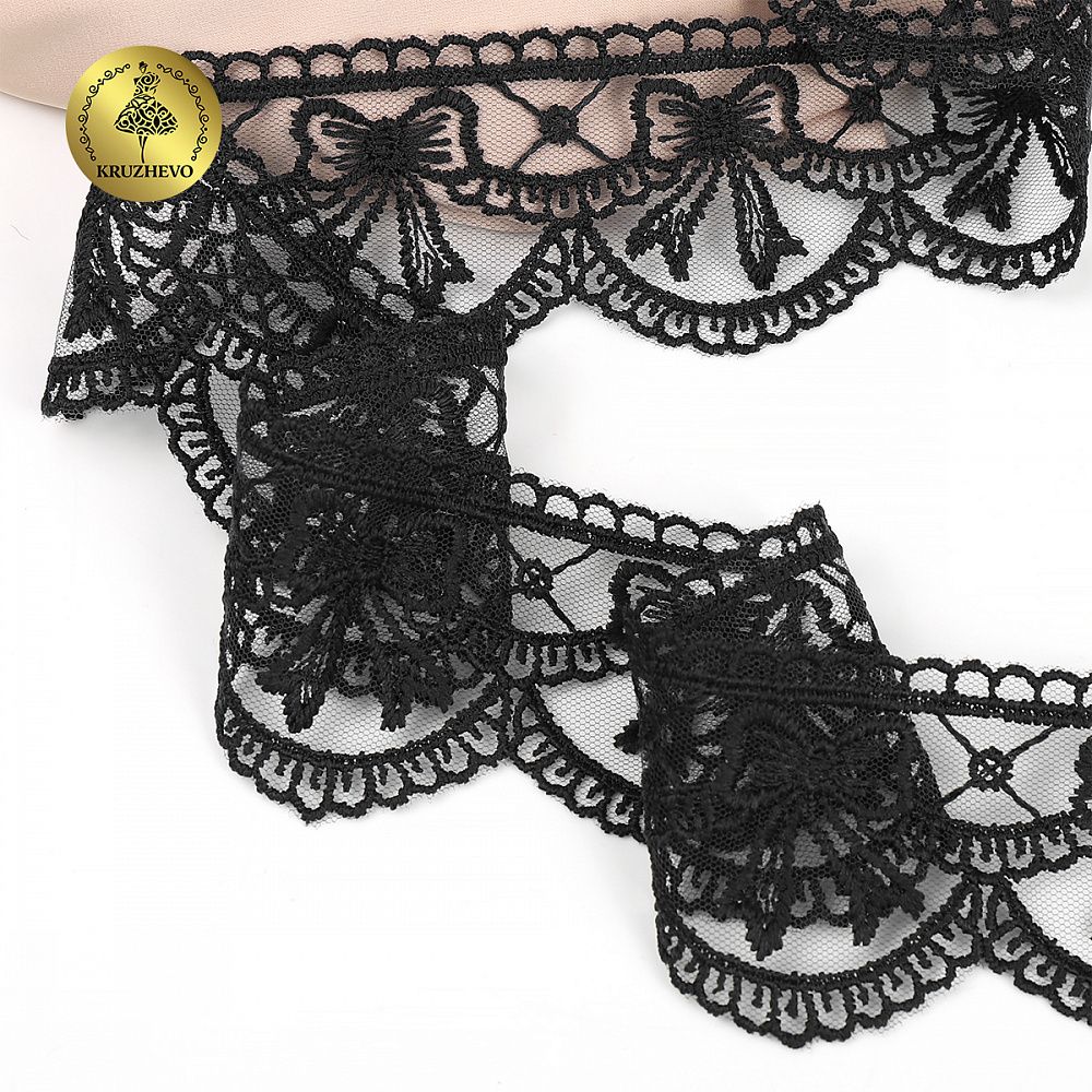 Кружево на сетке матовая нить с бантиками 60 мм, цв.черный, 10 метров, Kruzhevo