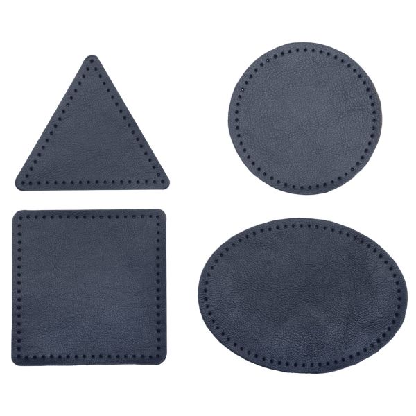 Набор заплаток пришивных из кожи, круг, квадрат, треугольник, овал 8см, с перфорацией, 4 шт (05 темно-синий), 9743