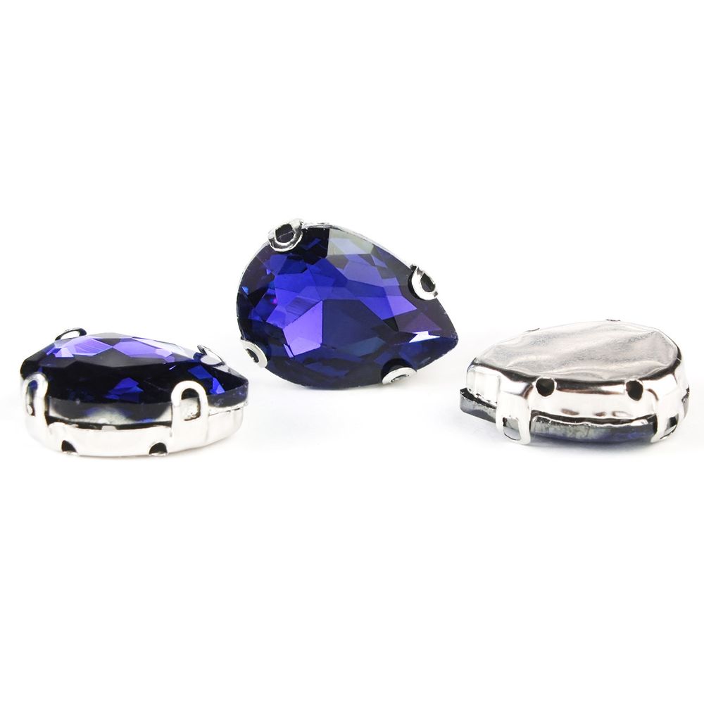 Хрустальные стразы в цапах формы капля, сапфир 13х18 мм, 3 шт, АЦ010НН1318