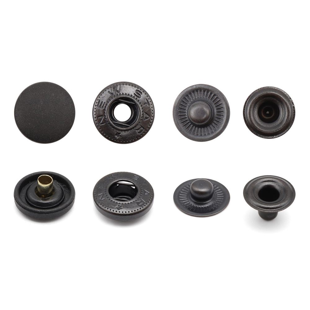 Кнопка Альфа (S-образная) ⌀15.0 мм, ≈720 шт, шляпка пластик + отв.части МЕТАЛЛ, 322 черн. + отв.части оксид, NEW STAR