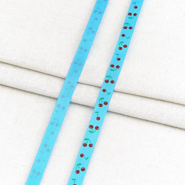 Лента репсовая (в рубчик) с принтом 10.0 мм / 45.72 метра, Вишенки 1009 голубой