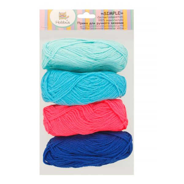 Пряжа Hobbius Simple / уп.4 мот. по 25 г, 66 м, №06 св.розовый-бирюзовый-голубой-синий