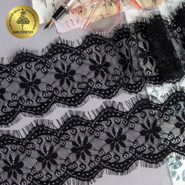 Кружево шантильи (реснички) 100 мм, 9828 цв.2 черный, уп.15м (по 3м), Kruzhevo