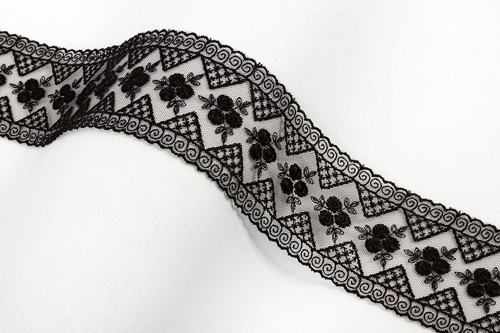 Кружево на сетке 59 мм / 10 м, черный, Gamma GKM-5902