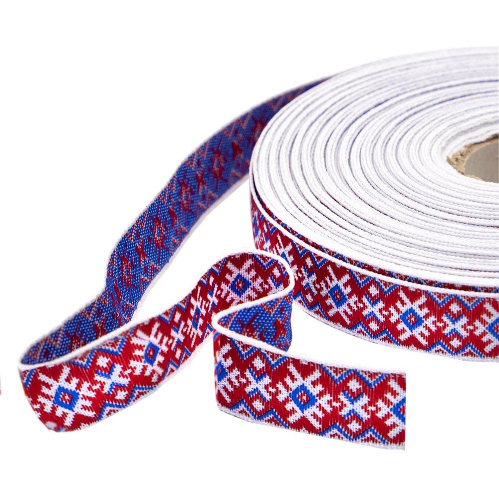 Лента (тесьма) жаккардовая 18.0 мм / 25±1 метров, Славянский орнамент Оберег, рис.9651 (1 белый/красный/синий) С3771Г17