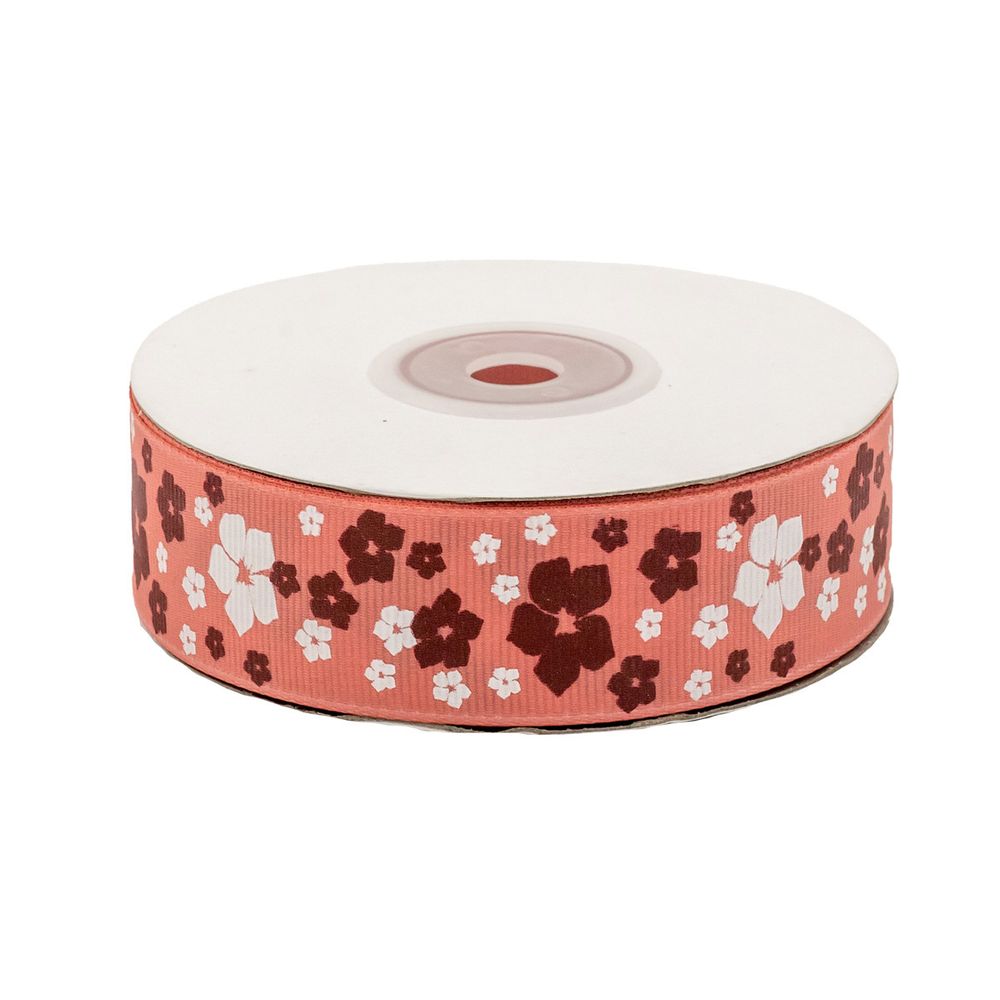 Лента репсовая (в рубчик) Цветочки 1 25.0 мм, 22.86 м 3-83 (коралловый)