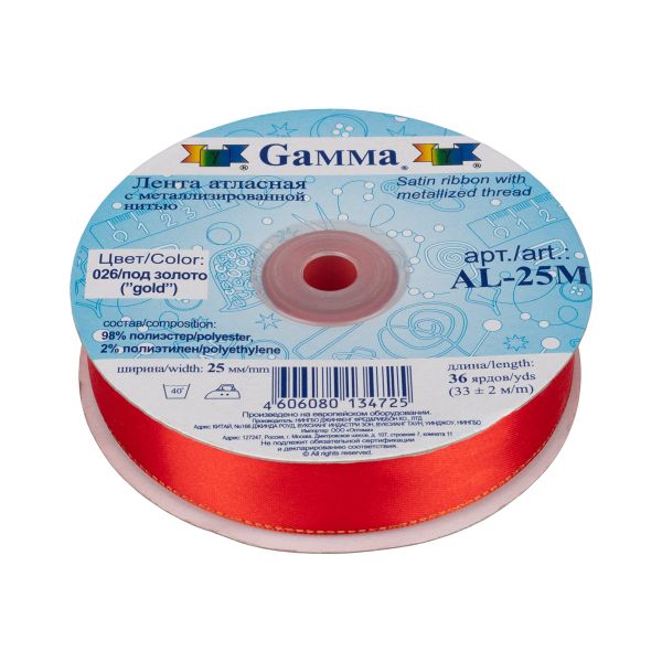 Лента атласная 2-сторонняя с метанитью 25.0 мм / 33±2 метра, 026 красный/золото, Gamma AL-25M