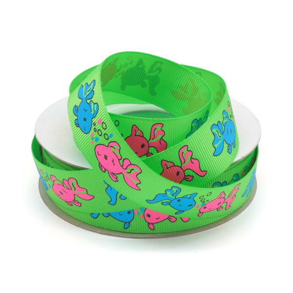 Лента репсовая (в рубчик) PREMIUM Рыбки 22 мм, 22,5м (555 зеленый)