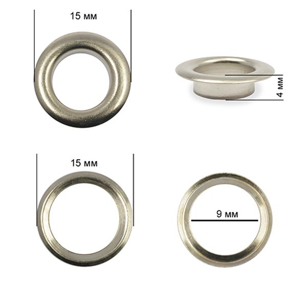 Люверсы металл ⌀_9.0 мм (внутр.), внешн. ⌀15 мм (внутр.), h4 мм (внутр.), №24, сталь, цв.никель, 500 шт, TBY
