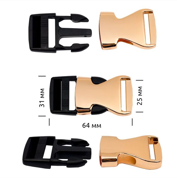 Фастекс (пряжка трезубец) металл/пластик 25 мм, 64x31 мм, золото/черный, 6 шт