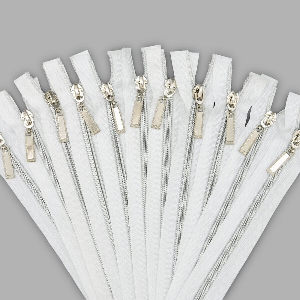 Молния спираль (витая) Т7 (7 мм) 2 зам., разъем., 100 см, никель / белый, 10 шт