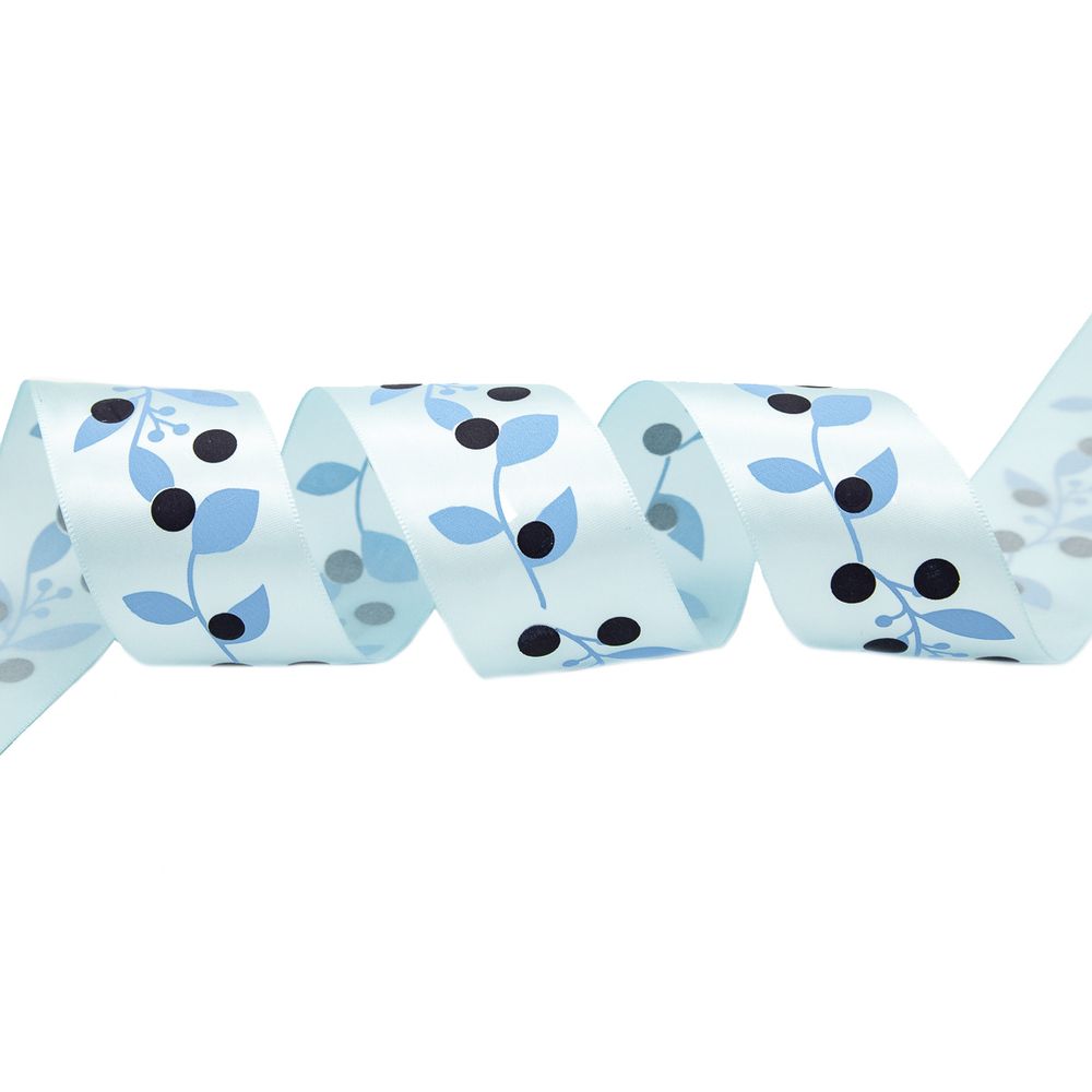 Лента атласная с рисунком 45.0 мм / 22.5±1 метров, Ягодная ветвь, голубой, Globus