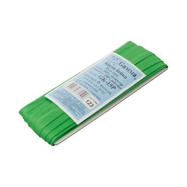 Косая бейка атласная 15 мм / 5 шт по 5.4 метра, №123 зеленый, Gamma GK-15P