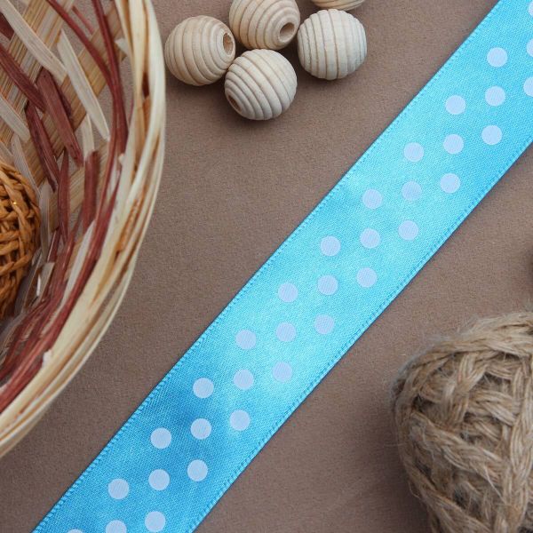 Лента атласная в горошек 25.0 мм / 3 метра, голубой, Globus