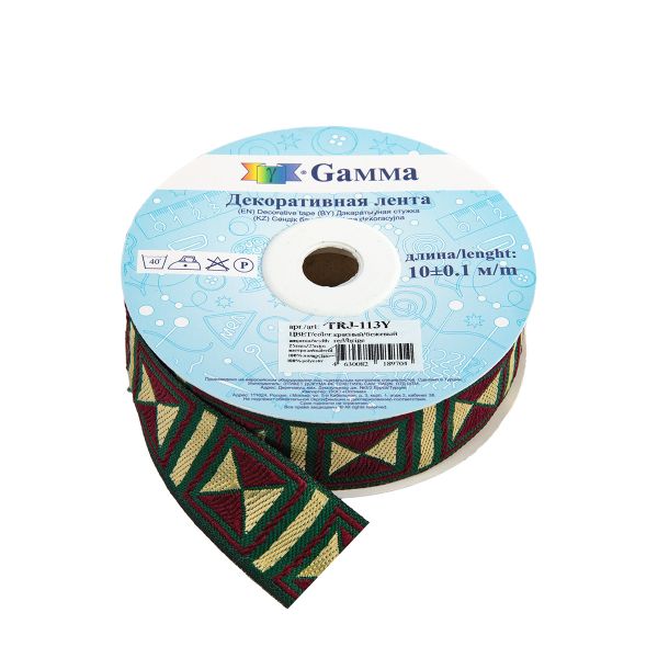 Лента (тесьма) жаккардовая 25.0 мм / 10±0.5 метров, красный/бежевый, Gamma TRJ-113Y