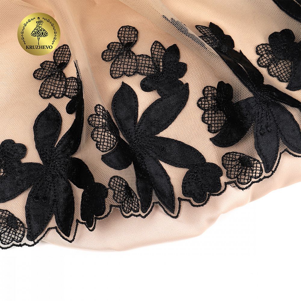 Кружево на сетке (вышитое) 270мм цв.телесный+чёрный, левая, 6,75м, Kruzhevo