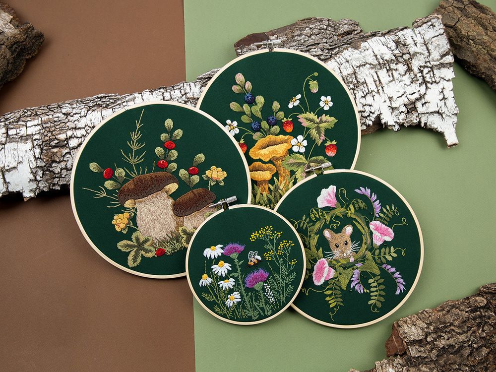 Набор для вышивания нитками Panna, Живая картина Грибы. Белые, 20.5х20.5 см