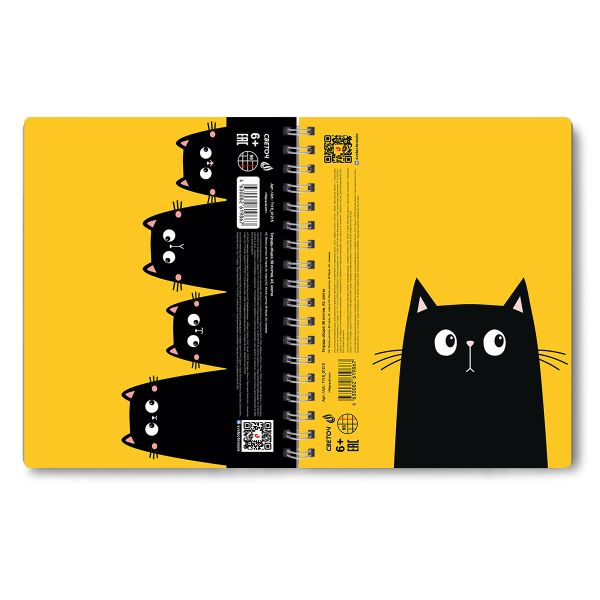 Тетрадь-перевертыш ученическая общая, A5 96 л. на гребне 65 г/м², белизна 100 %, 4 шт, клетка, 01215 Чёрный кот, Светоч Т119