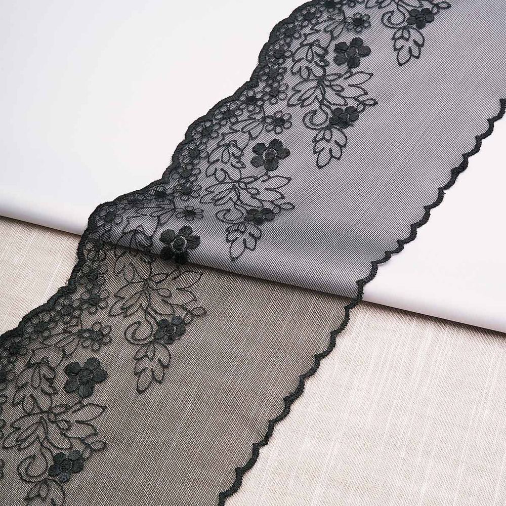 Кружево на сетке 140 мм / 3.4 метра ±4 см, черный, 3AR3745