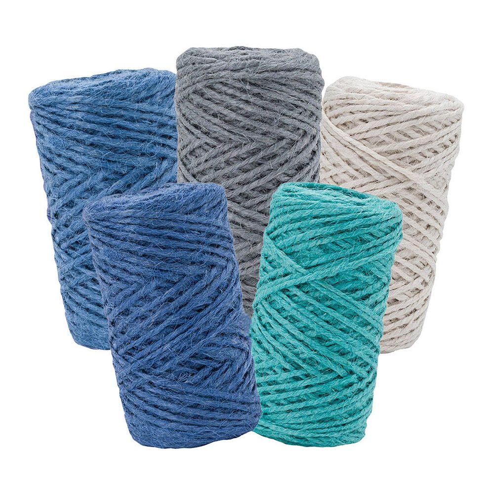 Шпагат джутовый ⌀1.4 мм / 50 метров (50 г), 2-ниточный, 1200 текс, евробобина, 5 шт, ассорти 1 (бирюзовый, синий, голубой, серый, белый)