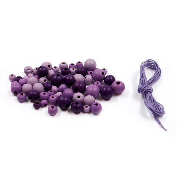 Бусины дерево набор со шнуром 6, 8, 10, 12 мм, фиолетовый микс, 21 г, 90 шт/упак, Astra&Craft, 160817