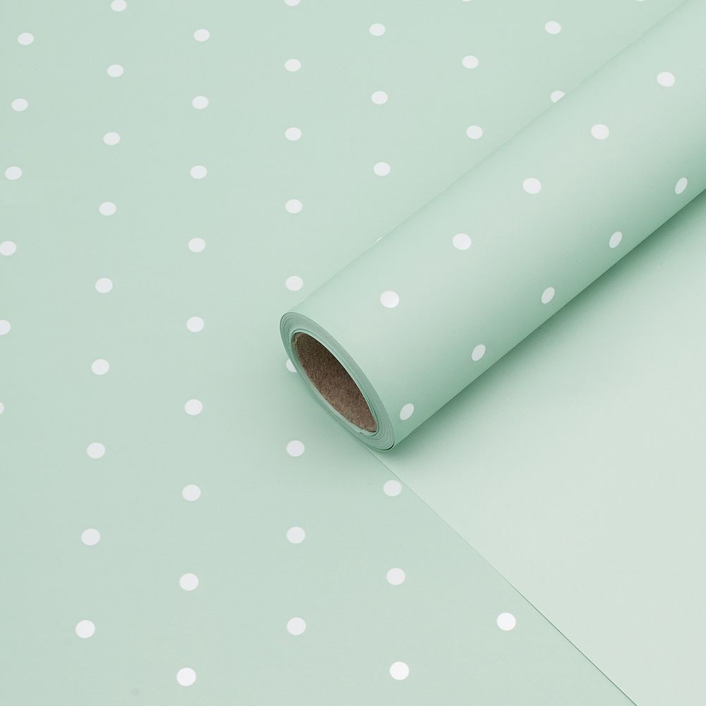Пленка упаковочная для цветов и подарков Точки, 65 мкр, 58см / 10м ± 5% (VH2551 пастельно-зеленый с белыми точками)