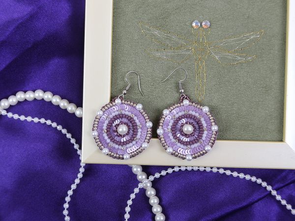 Набор для вышивания бисером Klart, серьги круглые Лиловый орнамент, 3,5х4 см