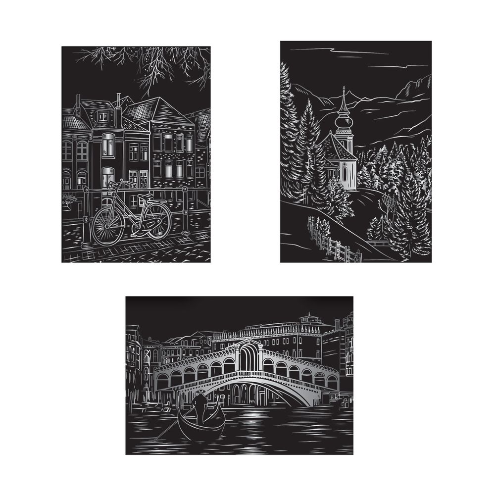 Набор для творчества Гравюра мини Городской пейзаж (серебро), 10х15 см, 1х3 шт, Hobbius GHPM-02