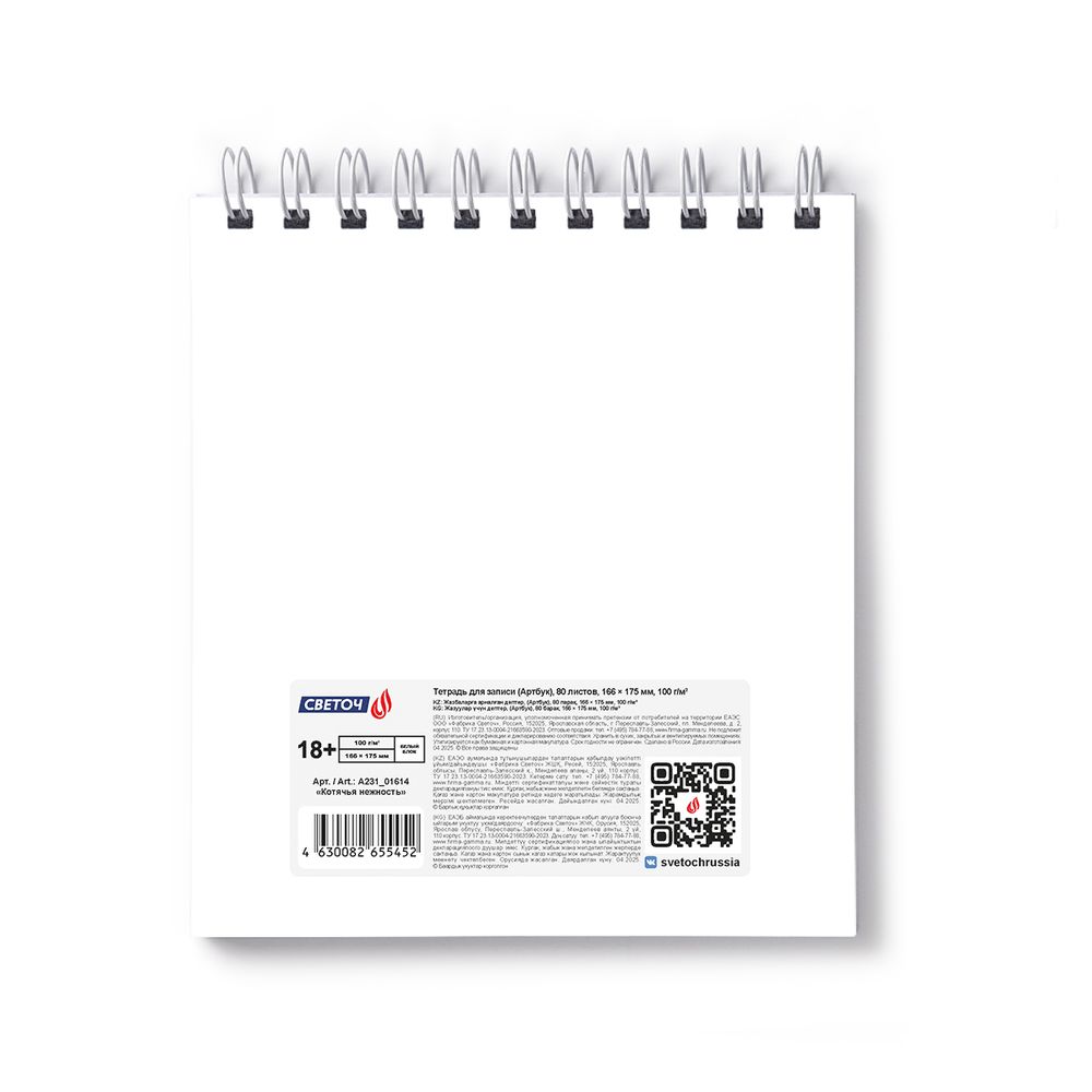 Артбук (скетчбук), блок белый, жесткая подложка, 100 г/м², 166х175 мм, на гребне 80 л. 2 шт, Котячья нежность 01614, Светоч А231